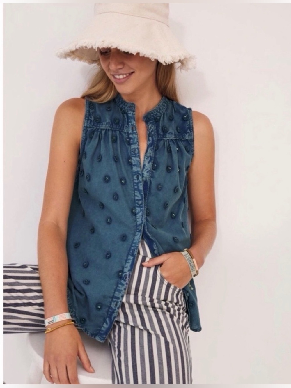 NWT Anthropologie Pilcro Adira Denim Textured Blouse Embroidered Sleeveless Top